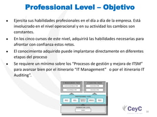 Professional Level – Objetivo
PROGRAMA DE CUALIFICACIÓN. GESTIÓN DE SERVICIOS TI


                                           ●         Ejercita sus habilidades profesionales en el día a día de la empresa. Está
                                                     involucrado en el nivel operacional y en su actividad los cambios son
                                                     constantes.
                                           ●         En los cinco cursos de este nivel, adquirirá las habilidades necesarias para
                                                     afrontar con confianza estos retos.
                                           ●         El conocimiento adquirido puede implantarse directamente en diferentes
                                                     etapas del proceso
                                           ●         Se requiere un mínimo sobre los “Procesos de gestión y mejora de ITSM”
                                                     para avanzar bien por el itinerario “IT Management” o por el itinerario IT
                                                     Auditing”.




                                                                                                                                    38
 