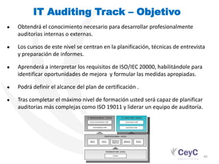 IT Auditing Track – Objetivo
●   Obtendrá el conocimiento necesario para desarrollar profesionalmente
    auditorias internas o externas.

●   Los cursos de este nivel se centran en la planificación, técnicas de entrevista
    y preparación de informes.

●   Aprenderá a interpretar los requisitos de ISO/IEC 20000, habilitándole para
    identificar oportunidades de mejora y formular las medidas apropiadas.

●   Podrá definir el alcance del plan de certificación .

●   Tras completar el máximo nivel de formación usted será capaz de planificar
    auditorias más complejas como ISO 19011 y liderar un equipo de auditoría.




                                                                                  40
 