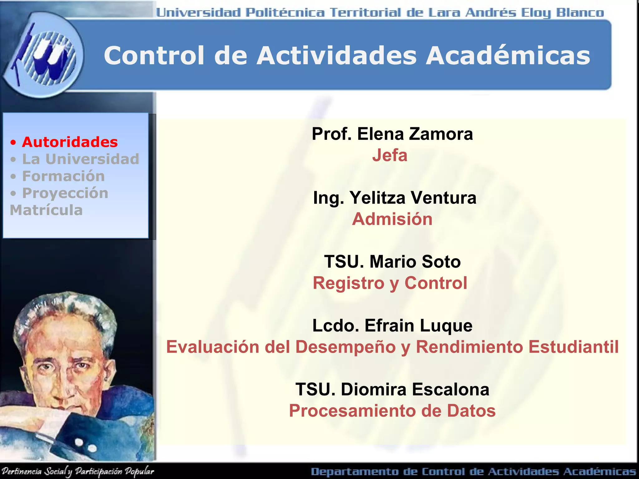 Autoridades La Universidad Formación Proyección Matrícula Control de Actividades Académicas Prof. Elena Zamora Jefa Ing. Yelitza Ventura Admisión TSU. Mario Soto Registro y Control Lcdo. Efrain Luque Evaluación del Desempeño y Rendimiento Estudiantil TSU. Diomira Escalona Procesamiento de Datos