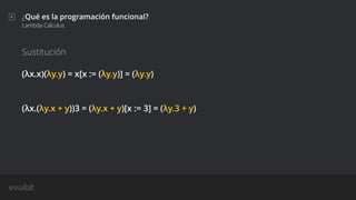 ¿Qué es la programación funcional?
Lambda Calculus
Sustitución
(λx.x)(λy.y) = x[x := (λy.y)] = (λy.y)
(λx.(λy.x + y))3 = (λy.x + y)[x := 3] = (λy.3 + y)
 
