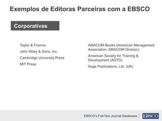 Taylor & Francis
John Wiley & Sons, Inc.
Cambridge University Press
MIT Press
AMACOM Books (American Management
Association, AMACOM Division)
American Society for Training &
Development (ASTD)
Sage Publications, Ltd. (UK)
Exemplos de Editoras Parceiras com a EBSCO
Corporativas
EBSCO’s Full-Text Journal Databases
 