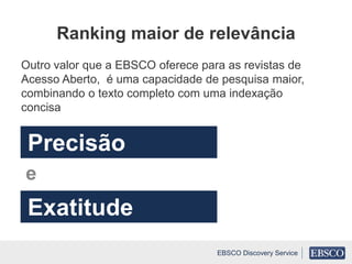 Outro valor que a EBSCO oferece para as revistas de
Acesso Aberto, é uma capacidade de pesquisa maior,
combinando o texto completo com uma indexação
concisa
EBSCO Discovery Service
Precisão
Exatitude
e
Ranking maior de relevância
 