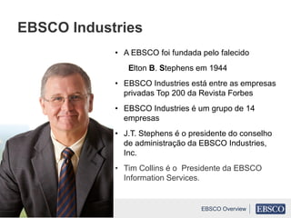• A EBSCO foi fundada pelo falecido
Elton B. Stephens em 1944
• EBSCO Industries está entre as empresas
privadas Top 200 da Revista Forbes
• EBSCO Industries é um grupo de 14
empresas
• J.T. Stephens é o presidente do conselho
de administração da EBSCO Industries,
Inc.
• Tim Collins é o Presidente da EBSCO
Information Services.
EBSCO Industries
EBSCO Overview
 