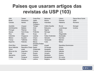 Paises que usaram artigos das
revistas da USP (103)
USA Taiwan Costa Rica Bahamas Líbano Papua Nova Guiné
Brasil Dinamarca Japão Bolívia Panamá Qatar
Canada Irlanda Bélgica Indonésia Palestina Romania
Austrália Uruguai
Trinidad e
Tobago Arábia Saudita Brunei Senegal
Grã Bretanha Malásia Omã Botsuana Luxemburgo Ucrânia
Portugal Filipinas Índia Nigéria Malta
Suécia Honk Kong Finlândia Noruega Aruba
Peru Itália Suíça Irã Afeganistão
Colombia Cingapura Lituânia Índias Ocidentais Azerbaijão
México Equador Chipre Salvador Namíbia
França Tailândia Grécia Venezuela Bahrain
Espanha Holanda Macau Cuba Belize
Porto Rico Eslovênia
Emiratos Árabes
Unidos Kuwait República Dominicana
Nova Zelândia Republica Checa Egipto St George Ghana
China Israel Guatemala Kazajstan Guiana
África do Sul Argentina Croácia Honduras Islândia
Chile Turquia Russia Hungria Quênia
Alemanha Austria Estônia Barbados Kosovo
Coréia Paraguai Jordania Bangladesh Sri Lanka
Polónia Letônia Bulgaria Paquistão
 