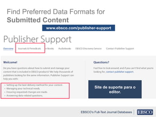 Find Preferred Data Formats for
Submitted Content
www.ebsco.com/publisher-support
Site de suporte para o
editor.
EBSCO’s Full-Text Journal Databases
 