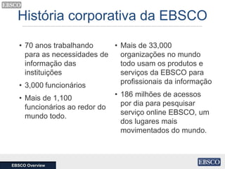 Recursos Superiores
EBSCO Overview
EBSCO Produtos e Serviços
• O agregador de informação
premium líder no mundo
• O proved...