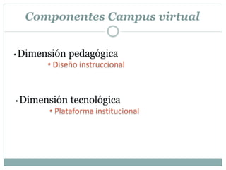 Componentes Campus virtual


•   Dimensión pedagógica
          • Diseño instruccional



•   Dimensión tecnológica
          • Plataforma institucional
 