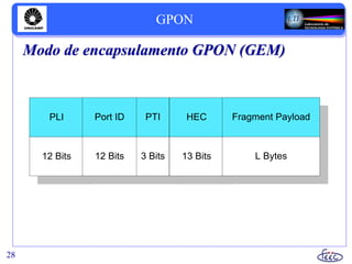 GPON
28
Modo de encapsulamento GPON (GEM)
PLI
12 Bits
Port ID
12 Bits
PTI
3 Bits
HEC
13 Bits
Fragment Payload
L Bytes
 