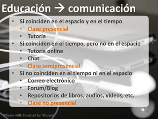Educación  comunicación
iPhone with headset by frhuynh
• Si coinciden en el espacio y en el tiempo
• Clase presencial
• Tutoría
• Si coinciden en el tiempo, pero no en el espacio
• Tutoría online
• Chat
• Clase semipresencial
• Si no coinciden en el tiempo ni en el espacio
• Correo electrónico
• Forum/Blog
• Repositorios de libros, audios, vídeos, etc.
• Clase no presencial
 