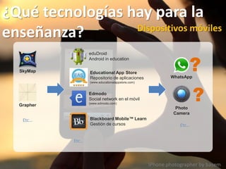 IPhone photographer by basem
¿Qué tecnologías hay para la
enseñanza? Dispositivos móviles
eduDroid
Android in education
Educational App Store
Repositorio de aplicaciones
(www.educationalappstore.com)
Edmodo
Social network en el móvil
(www.edmodo.com)
Blackboard Mobile™ Learn
Gestión de cursos
SkyMap
Grapher
Etc…
Etc…
WhatsApp
?
Photo
Camera
?
Etc…
 