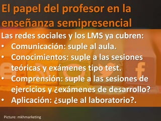 El papel del profesor en la
enseñanza semipresencial
Picture: mkhmarketing
Las redes sociales y los LMS ya cubren:
• Comunicación: suple al aula.
• Conocimientos: suple a las sesiones
teóricas y exámenes tipo test.
• Comprensión: suple a las sesiones de
ejercicios y ¿exámenes de desarrollo?
• Aplicación: ¿suple al laboratorio?.
 