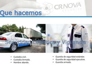 • Custodia civil.
• Custodia Armada.
• Hombre abordo.
• Guardia de seguridad estándar.
• Guardia de seguridad ejecutivo.
• Guardia armado.
 