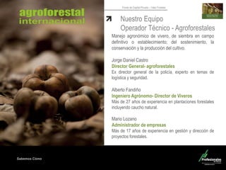 Sabemos Cómo
Fondo de Capital Privado – Valor Forestal
Nuestro Equipo
Operador Técnico - Agroforestales
Manejo agronómico de vivero, de siembra en campo
definitivo o establecimiento; del sostenimiento, la
conservación y la producción del cultivo.
Jorge Daniel Castro
Director General- agroforestales
Ex director general de la policía, experto en temas de
logística y seguridad.
Alberto Fandiño
Ingeniero Agrónomo- Director de Viveros
Más de 27 años de experiencia en plantaciones forestales
incluyendo caucho natural.
Mario Lozano
Administrador de empresas
Más de 17 años de experiencia en gestión y dirección de
proyectos forestales.
 