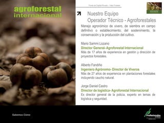 Sabemos Cómo
Fondo de Capital Privado – Valor Forestal
Nuestro Equipo
Operador Técnico - Agroforestales
Manejo agronómico de vivero, de siembra en campo
definitivo o establecimiento; del sostenimiento, la
conservación y la producción del cultivo.
Mario Sammi Lozano
Director General- Agroforestal Internacional
Más de 17 años de experiencia en gestión y dirección de
proyectos forestales.
Alberto Fandiño
Ingeniero Agrónomo- Director de Viveros
Más de 27 años de experiencia en plantaciones forestales
incluyendo caucho natural.
Jorge Daniel Castro
Director de logística- Agroforestal Internacional
Ex director general de la policía, experto en temas de
logística y seguridad.
 