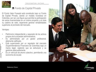 Sabemos Cómo
Fondo de Capital Privado – Valor Forestal
Fondo de Capital Privado
El Fondo Valor Forestal está constituido bajo un Fondo
de Capital Privado, siendo un modelo novedoso en
Colombia, por ser una figura que permite la participación
de varios inversionistas en un mismo proyecto y en toda
su cadena de valor, esperando generar rentabilidades
superiores al promedio del mercado.
Ventajas:
• Patrimonio independiente y separado de los activos
propios de la sociedad administradora.
• Es administrado por un gestor profesional,
altamente calificado.
• Está supervisado por un regulador del mercado
(Superintendencia Financiera de Colombia) bajo un
marco legal, vigilando que se estructure y se
gestione adecuadamente.
• Es un vehículo de ahorro colectivo, permitiendo una
economía de escala
 