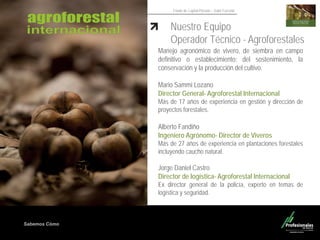 Sabemos Cómo
Fondo de Capital Privado – Valor Forestal
Nuestro Equipo
Operador Técnico - Agroforestales
Manejo agronómico de vivero, de siembra en campo
definitivo o establecimiento; del sostenimiento, la
conservación y la producción del cultivo.
Mario Sammi Lozano
Director General- Agroforestal Internacional
Más de 17 años de experiencia en gestión y dirección de
proyectos forestales.
Alberto Fandiño
Ingeniero Agrónomo- Director de Viveros
Más de 27 años de experiencia en plantaciones forestales
incluyendo caucho natural.
Jorge Daniel Castro
Director de logística- Agroforestal Internacional
Ex director general de la policía, experto en temas de
logística y seguridad.
 