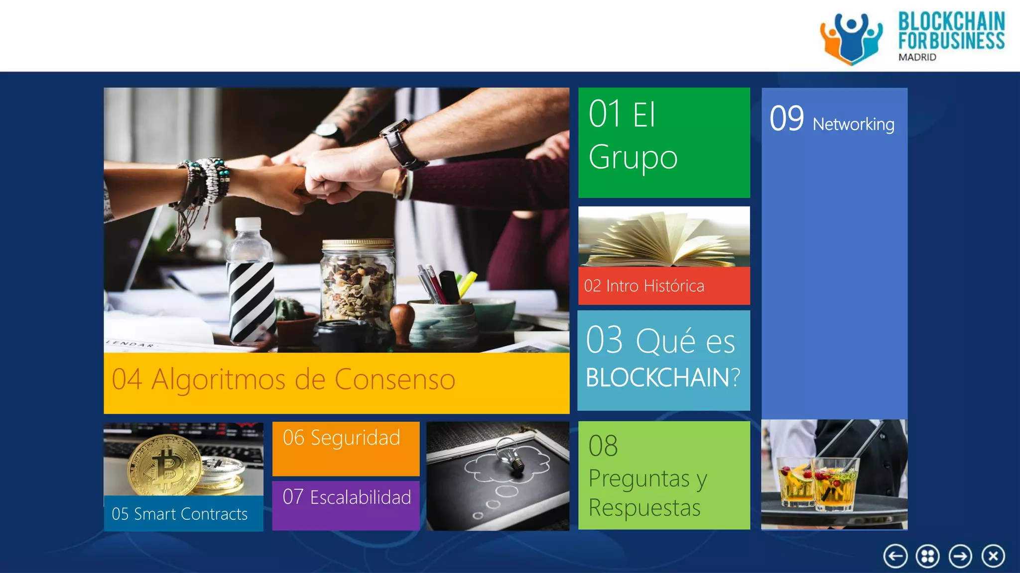 02 Intro Histórica
03 Qué es
BLOCKCHAIN?
05 Smart Contracts
06 Seguridad
08
Preguntas y
Respuestas07 Escalabilidad
09 Networking01 El
Grupo
04 Algoritmos de Consenso
 