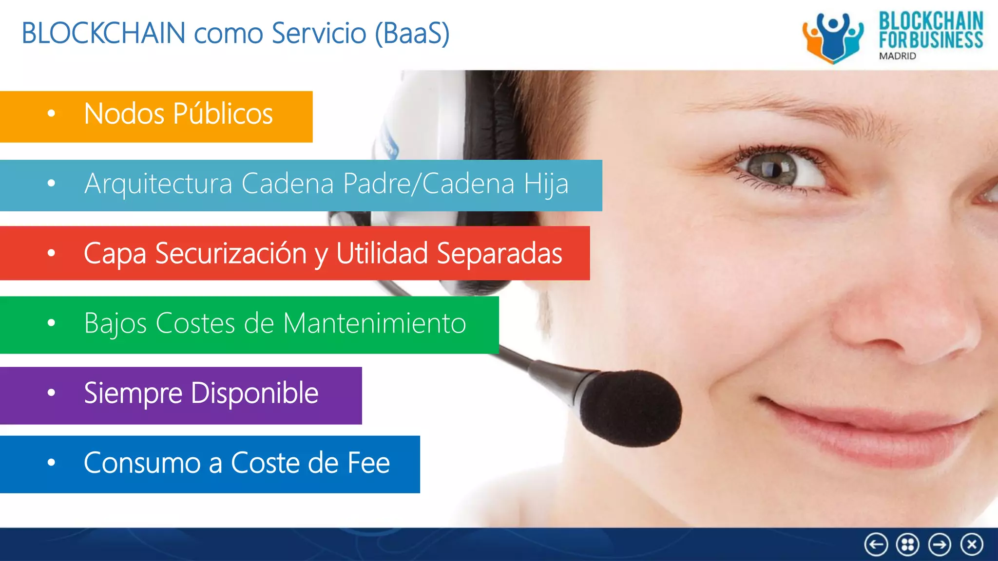 BLOCKCHAIN como Servicio (BaaS)
• Nodos Públicos
• Arquitectura Cadena Padre/Cadena Hija
• Capa Securización y Utilidad Separadas
• Bajos Costes de Mantenimiento
• Siempre Disponible
• Consumo a Coste de Fee
 