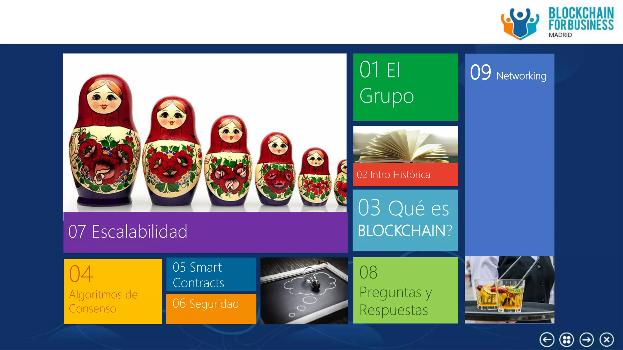 07 Escalabilidad
02 Intro Histórica
03 Qué es
BLOCKCHAIN?
05 Smart
Contracts
08
Preguntas y
Respuestas06 Seguridad
09 Networking01 El
Grupo
04
Algoritmos de
Consenso
 