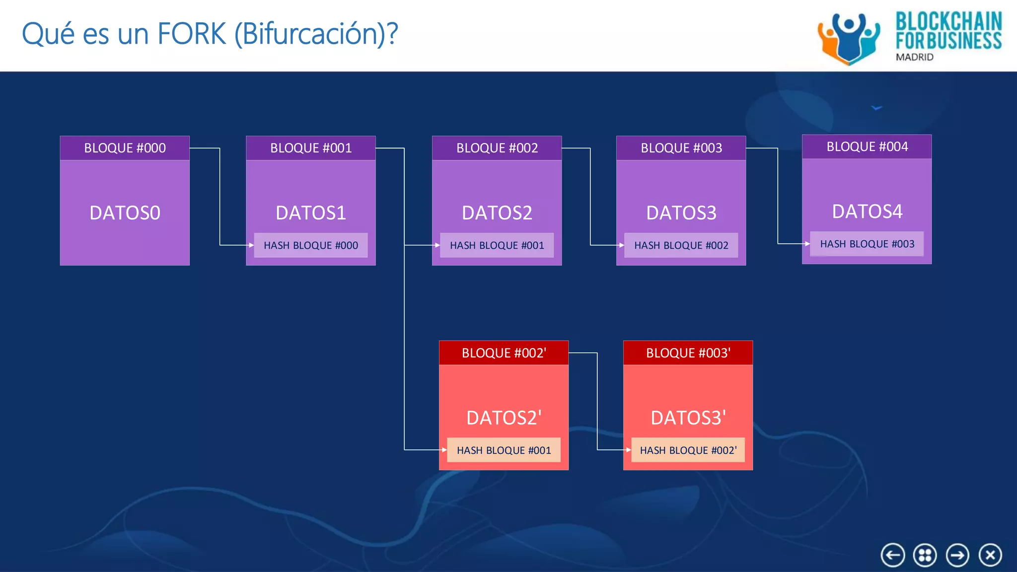 Qué es un FORK (Bifurcación)?
BLOQUE #000
DATOS0
BLOQUE #001
DATOS1
HASH BLOQUE #000
BLOQUE #002
DATOS2
HASH BLOQUE #001
BLOQUE #003
DATOS3
HASH BLOQUE #002
BLOQUE #004
DATOS4
HASH BLOQUE #003
BLOQUE #002'
DATOS2'
HASH BLOQUE #001
BLOQUE #003'
DATOS3'
HASH BLOQUE #002'
 