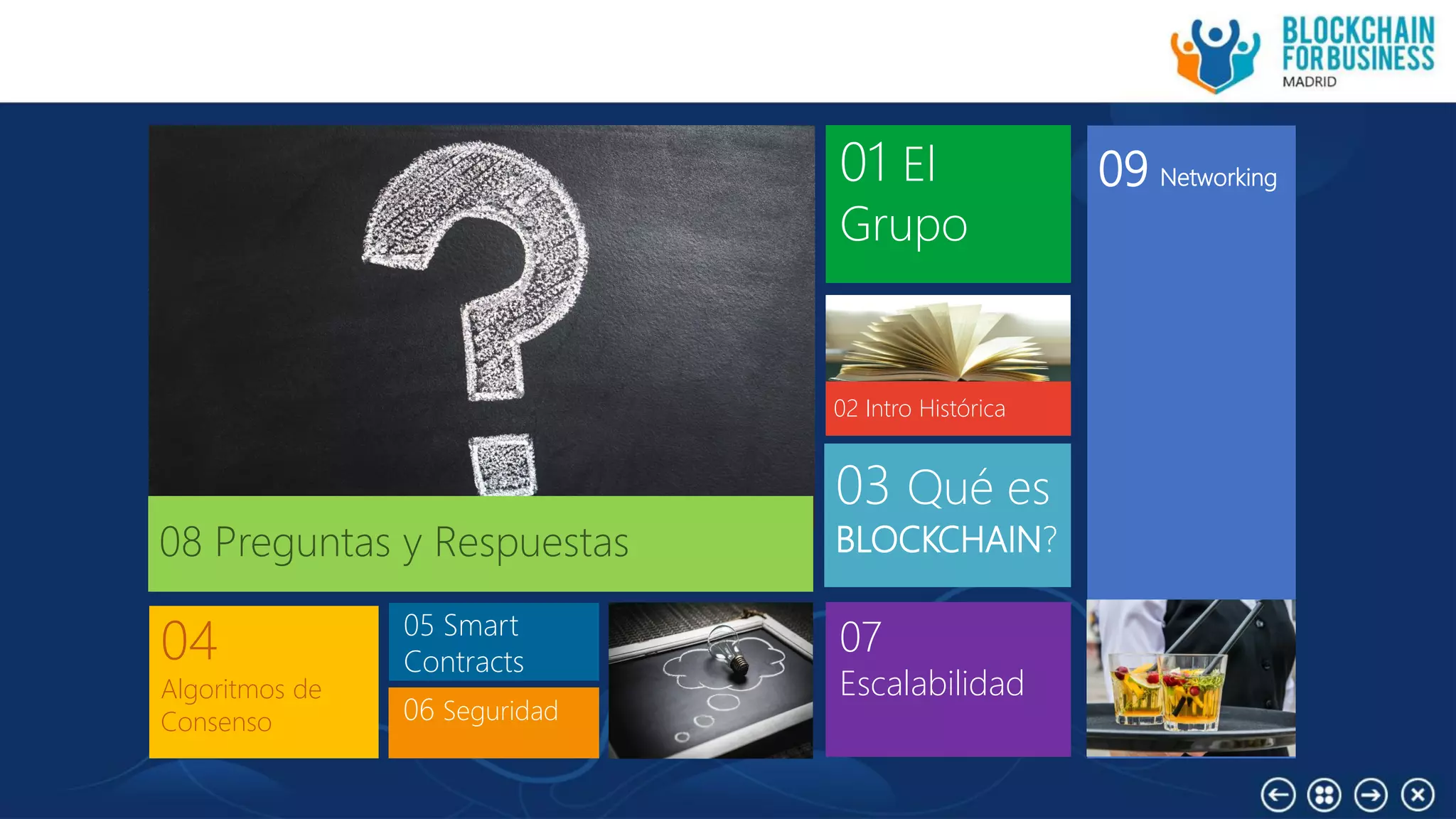 08 Preguntas y Respuestas
02 Intro Histórica
03 Qué es
BLOCKCHAIN?
05 Smart
Contracts
07
Escalabilidad
06 Seguridad
09 Networking01 El
Grupo
04
Algoritmos de
Consenso
 