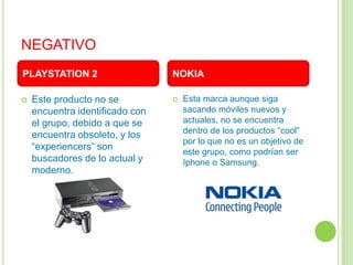 NEGATIVO
PLAYSTATION 2                    NOKIA

   Este producto no se             Esta marca aunque siga
    encuentra identificado con       sacando móviles nuevos y
    el grupo, debido a que se        actuales, no se encuentra
                                     dentro de los productos “cool”
    encuentra obsoleto, y los
                                     por lo que no es un objetivo de
    “experiencers” son
                                     este grupo, como podrían ser
    buscadores de lo actual y        Iphone o Samsung.
    moderno.
 