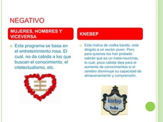 NEGATIVO
MUJERES, HOMBRES Y
                                   KNEBEP
VICEVERSA

   Este programa se basa en          Esta marca de vodka barato, esta
                                       dirigido a un sector joven. Pero
    el entretenimiento rosa. El
                                       para quienes los han probado
    cual, no da cabida a los que       sabrán que es un mata-neuronas,
    buscan el conocimiento, el         lo cual, poca cabida deja para el
    intelectualismo, etc.              aumento de conocimientos si el
                                       cerebro disminuye su capacidad de
                                       almacenamiento y comprensión.
 