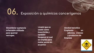 Dimetileter sustancia
inflamable utilizada
para quemar
verrugas.
Alcohol bencílico
Empleado en
jabones, cremas
y productos de
limpieza
Linalol que es
usado como
insecticida y
también
lieugenol el cual
se emplea para
matar peces en
acuarios
06. Exposición a químicos cancerígenos
 