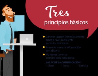 Generar rapport inmediatamente
tanto a nivel consciente
como inconsciente.
Aprender a reunir información
con eﬁcacia.
Mantener la venta
siempre en la línea recta.
LAS 3C DE LA COMUNICACIÓN
- Claro - Corto - Conciso
Tres
principios básicos
 