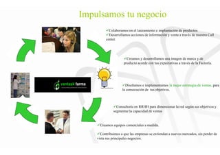 Impulsamos tu negocio
Colaboramos en el lanzamiento e implantación de productos
De
center.
Creamos equipos comerciales a medida.
Contribu
vista sus principales negocios.
Impulsamos tu negocio
Creamos y desarrollamos una imagen de marca y de
producto acorde con tus expectativas a través de la Factoría.
Colaboramos en el lanzamiento e implantación de productos
Desarrollamos acciones de información y venta a través de nuestro Call
center.
Creamos equipos comerciales a medida.
ntribuimos a que las empresas se extiendan a nuevos mercados, sin perder de
vista sus principales negocios.
Diseñamos e implementamos la mejor estrategia de ventas, para
la consecución de tus objetivos.
Consultoría en RRHH para dimensionar la red según sus objetivos y
segmentar la capacidad de ventas
 