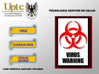 TECNOLOGIA GESTION EN SALUD




            VIRUS




       CLASES DE VIRUS




           TIPOS DE
           VACUNAS


JANE VERONICA SANCHEZ VELANDIA
 