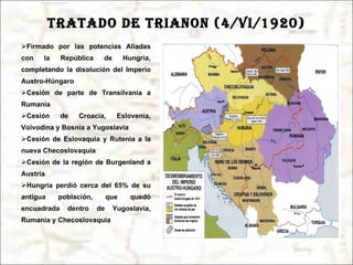 TRATADO DE TRIANON (4/vi/1920) Firmado por las potencias Aliadas con la República de Hungría, completando la disolución del Imperio Austro-Húngaro Cesión de parte de Transilvania a Rumania Cesión de Croacia, Eslovenia, Voivodina y Bosnia a Yugoslavia Cesión de Eslovaquia y Rutenia a la nueva Checoslovaquia Cesión de la región de Burgenland a Austria Hungría perdió cerca del 65% de su antigua población, que quedó encuadrada dentro de Yugoslavia, Rumania y Checoslovaquia 