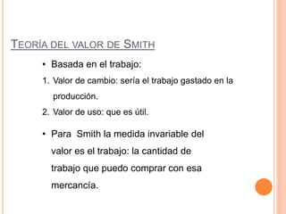 TEORÍA DEL VALOR DE SMITH
• Basada en el trabajo:
1. Valor de cambio: sería el trabajo gastado en la
producción.
2. Valor de uso: que es útil.
• Para Smith la medida invariable del
valor es el trabajo: la cantidad de
trabajo que puedo comprar con esa
mercancía.
 