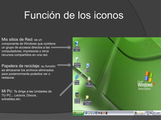 Función de los iconos
Mis sitios de Red: es un
componente de Windows que contiene
un grupo de accesos directos a las
computadoras, impresoras y otros
recursos compartidos en una red.
Papelera de reciclaje: su función
es almacenar los archivos eliminados
para posteriormente poderlos ver o
restaurar.
Mi Pc: Te dirige a las Unidades de
TU PC... Lectora, Discos,
extraibles,etc.
 
