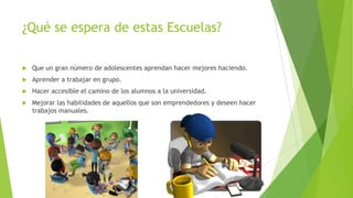 ¿Qué se espera de estas Escuelas?
 Que un gran número de adolescentes aprendan hacer mejores haciendo.
 Aprender a trabajar en grupo.
 Hacer accesible el camino de los alumnos a la universidad.
 Mejorar las habilidades de aquellos que son emprendedores y deseen hacer
trabajos manuales.
 