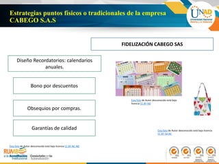 Esta foto de Autor desconocido está bajo
licencia CC BY-ND
Esta foto de Autor desconocido está bajo licencia CC BY-NC-ND
Estrategias puntos físicos o tradicionales de la empresa
CABEGO S.A.S
Diseño Recordatorios: calendarios
anuales.
FIDELIZACIÓN CABEGO SAS
Obsequios por compras.
Bono por descuentos
Garantías de calidad Esta foto de Autor desconocido está bajo licencia
CC BY-SA-NC
 