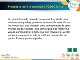 Propuesta para la empresa CAGEGO S.A.S
Las condiciones de mercado para estos 3 productos son
estables solo que hay que tener en cuenta la variación de
las temporadas que manejan otras competencias de estos
mismos productos para esto como equipo de marketing
vamos a presentar las estrategias que elevaran las ventas
para nuestra empresa esto se realizara para ventas en
puntos físicos y puntos digitales.
 