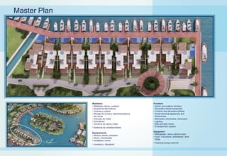 Master Plan




              Mobiliario                               Furniture
              • Mobiliario interior y exterior         • Indoor and outdoor furniture
              • Accesorios decorativos                 • Decorative Home Accesories
              • Cortinas y cojines                     • Curtains and decorative pillows
              • Menaje de cocina y electrodomésticos   • Small electrical appliances and
                de cocina                                kitchenware
              • Artículos de mesa                      • Stemware, dinnerware, silverware,
              • Iluminación                            • Lighting
              • Lencería de cama y baño                • Bed and bath linens
              • Sistemas de entretenimiento            • Entertainment System

                                                       Equipment
              Equipamiento
                                                       • Refrigerator, stove, kitchen hood
              • Nevera, estufa, campana
                                                       • Oven, microwave, dishwasher, wine
              • Horno, microondas
                                                         fridge
              • lavaplatos, vinera
                                                       • Washing-drying machine
              • Lavadora y Secadora
 
