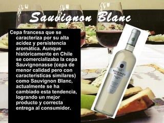 Sauvignon Blanc
Cepa francesa que se
caracteriza por su alta
acidez y persistencia
aromática. Aunque
históricamente en Chile
se comercializaba la cepa
Sauvignonasse (cepa de
menor calidad pero con
características similares)
como Sauvignon Blanc,
actualmente se ha
cambiado esta tendencia,
logrando un mejor
producto y correcta
entrega al consumidor.