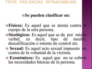 Se pueden clasificar en:
Físicos: Es aquel que se atenta contra el
cuerpo de la otra persona.
Sicológicos: Es aquel que se da por miedo
verbal, es decir, tipo de insulto,
descalificación o intento de control etc.
 Sexual: Es aquel acto sexual impuesto en
contra de la voluntad de la víctima.
 Económicos: Es aquel que no se cubren
las necesidades básicas de la persona.
 