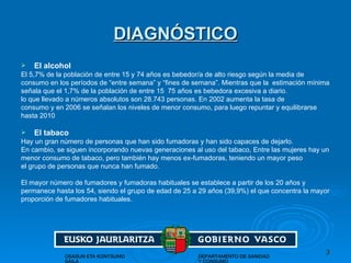 DIAGNÓSTICO El alcohol   El 5,7% de la población de entre 15 y 74 años es bebedor/a de alto riesgo según la media de  consumo en los períodos de “entre semana” y “fines de semana”. Mientras que la  estimación mínima  señala que el 1,7% de la población de entre 15  75 años es bebedora excesiva a diario.  lo que llevado a números absolutos son 28.743 personas. En 2002 aumenta la tasa de  consumo y en 2006 se señalan los niveles de menor consumo, para luego repuntar y equilibrarse  hasta 2010 El tabaco Hay un gran número de personas que han sido fumadoras y han sido capaces de dejarlo. En cambio, se siguen incorporando nuevas generaciones al uso del tabaco,  Entre las mujeres hay un  menor consumo de tabaco, pero también hay menos ex-fumadoras, teniendo un mayor peso  el grupo de personas que nunca han fumado. El mayor número de fumadores y fumadoras habituales se establece a partir de los 20 años y  permanece hasta los 54, siendo el grupo de edad de 25 a 29 años (39,9%) el que concentra la mayor  proporción de fumadores habituales.  