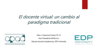 El docente virtual: un cambio al
paradigma tradicional
Alice J. Casanova Ocasio, Ph. D.
Vice-Presidenta APAD, Inc.
Decana Asuntos Academicos, EDP University
 