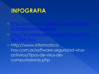  http://www.monografias.com/trabajos1
2/virudos/virudos.shtml
 http://es.wikipedia.org/wiki/Virus_inform
%C3%A1tico
 http://www.informatica-
hoy.com.ar/software-seguridad-virus-
antivirus/Tipos-de-virus-de-
computadoras.php
 