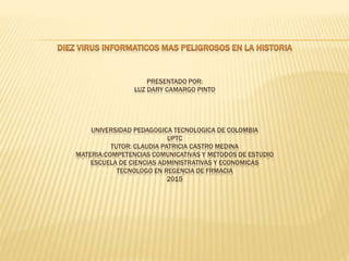 PRESENTADO POR:
LUZ DARY CAMARGO PINTO
UNIVERSIDAD PEDAGOGICA TECNOLOGICA DE COLOMBIA
UPTC
TUTOR: CLAUDIA PATRICIA CASTRO MEDINA
MATERIA:COMPETENCIAS COMUNICATIVAS Y METODOS DE ESTUDIO
ESCUELA DE CIENCIAS ADMINISTRATIVAS Y ECONOMICAS
TECNOLOGO EN REGENCIA DE FRMACIA
2015
 