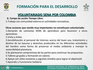 FORMACIÓN PARA EL DESARROLLO
           VOLUNTARIADO SENA POR COLOMBIA
 G. Campo de acción Tiempo Libre:
1.Trabajo con comunidad externa en actividades recreativas.

Otras acciones que siendo muy importantes no constituyen voluntariado:
1.Donación de camisetas SENA de aprendices para favorecer a otros
aprendices.
2.Visita a Asilos
3.Sensibilización al personal de internos acerca del buen uso, tratamiento y
destino de las basuras y desechos producidos en las diferentes actividades
del hombre como forma de preservar el medio ambiente y manejar la
sostenibilidad planetaria.
4.Se plantearon compromisos de las partes para continuar las propuestas.
5.Talleres grupales y formación en valores
6.Apoyo con útiles escolares y juguetes (medios para lograr el objetivo)A
7.Aprendiz y Funcionario Solidario
 