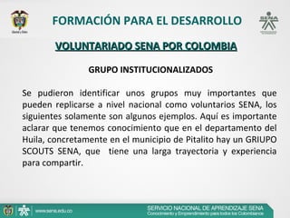 FORMACIÓN PARA EL DESARROLLO
        VOLUNTARIADO SENA POR COLOMBIA

                  GRUPO INSTITUCIONALIZADOS
 
Se  pudieron  identificar  unos  grupos  muy  importantes  que 
pueden  replicarse  a  nivel  nacional  como  voluntarios  SENA,  los 
siguientes solamente son algunos ejemplos. Aquí es importante 
aclarar que tenemos conocimiento que en el departamento del 
Huila, concretamente en el municipio de Pitalito hay un GRIUPO 
SCOUTS  SENA,  que    tiene  una  larga  trayectoria  y  experiencia 
para compartir.
 