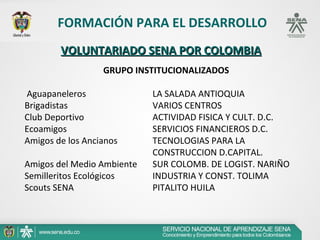 FORMACIÓN PARA EL DESARROLLO
        VOLUNTARIADO SENA POR COLOMBIA
                   GRUPO INSTITUCIONALIZADOS
 
 Aguapaneleros              LA SALADA ANTIOQUIA
Brigadistas                 VARIOS CENTROS
Club Deportivo              ACTIVIDAD FISICA Y CULT. D.C.
Ecoamigos                   SERVICIOS FINANCIEROS D.C.
Amigos de los Ancianos      TECNOLOGIAS PARA LA 
                            CONSTRUCCION D.CAPITAL.
Amigos del Medio Ambiente   SUR COLOMB. DE LOGIST. NARIÑO
Semilleritos Ecológicos     INDUSTRIA Y CONST. TOLIMA
Scouts SENA                 PITALITO HUILA
 