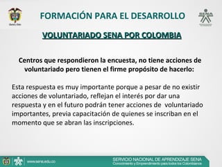 FORMACIÓN PARA EL DESARROLLO
          VOLUNTARIADO SENA POR COLOMBIA

  Centros que respondieron la encuesta, no tiene acciones de
   voluntariado pero tienen el firme propósito de hacerlo:

Esta respuesta es muy importante porque a pesar de no existir 
acciones de voluntariado, reflejan el interés por dar una 
respuesta y en el futuro podrán tener acciones de  voluntariado 
importantes, previa capacitación de quienes se inscriban en el 
momento que se abran las inscripciones.
 