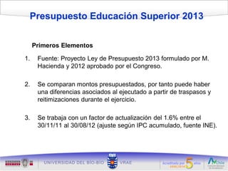 Presupuesto Educación Superior 2013

     Primeros Elementos

1.    Fuente: Proyecto Ley de Presupuesto 2013 formulado por M.
      Hacienda y 2012 aprobado por el Congreso.

2.    Se comparan montos presupuestados, por tanto puede haber
      una diferencias asociados al ejecutado a partir de traspasos y
      reitimizaciones durante el ejercicio.

3.    Se trabaja con un factor de actualización del 1.6% entre el
      30/11/11 al 30/08/12 (ajuste según IPC acumulado, fuente INE).
 