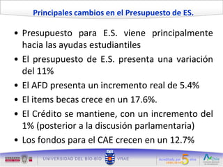 Principales cambios en el Presupuesto de ES.

• Presupuesto para E.S. viene principalmente
  hacia las ayudas estudiantiles
• El presupuesto de E.S. presenta una variación
  del 11%
• El AFD presenta un incremento real de 5.4%
• El items becas crece en un 17.6%.
• El Crédito se mantiene, con un incremento del
  1% (posterior a la discusión parlamentaria)
• Los fondos para el CAE crecen en un 12.7%
 